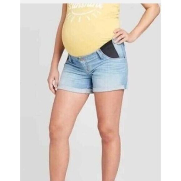 Isabel Maternity Side Panel Midi Maternity Denim Jean Shorts Light Wash Size 8 - Picture 1 of 5